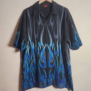 Dragonfly Clothing Shirt Mens XL Black Blue Flame Button Front Camp Y2K Style